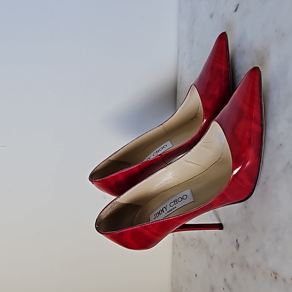 JIMMY CHOO: glossy vibrant lipstick red heels